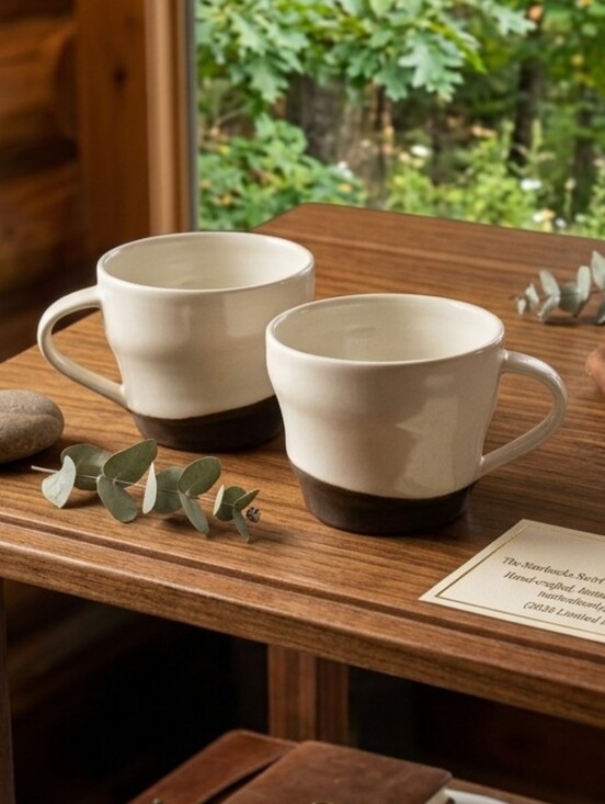 Starbucks Other - Vintage Y2K Two-Tone Cream and Dark Brown Ceramic Mugs Swirl Pair